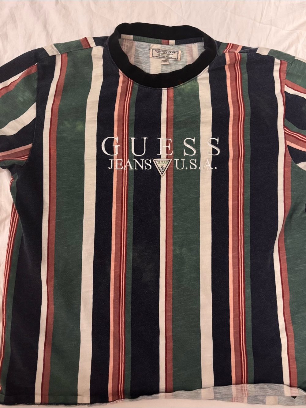 GUESS Striped Crewneck Tee in Green, Navy, White & Rust